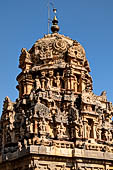 The great Chola temples of Tamil Nadu - The Brihadishwara Temple of Thanjavur. Brihadnayaki Temple (Amman temple) detail of the decorated tower.
